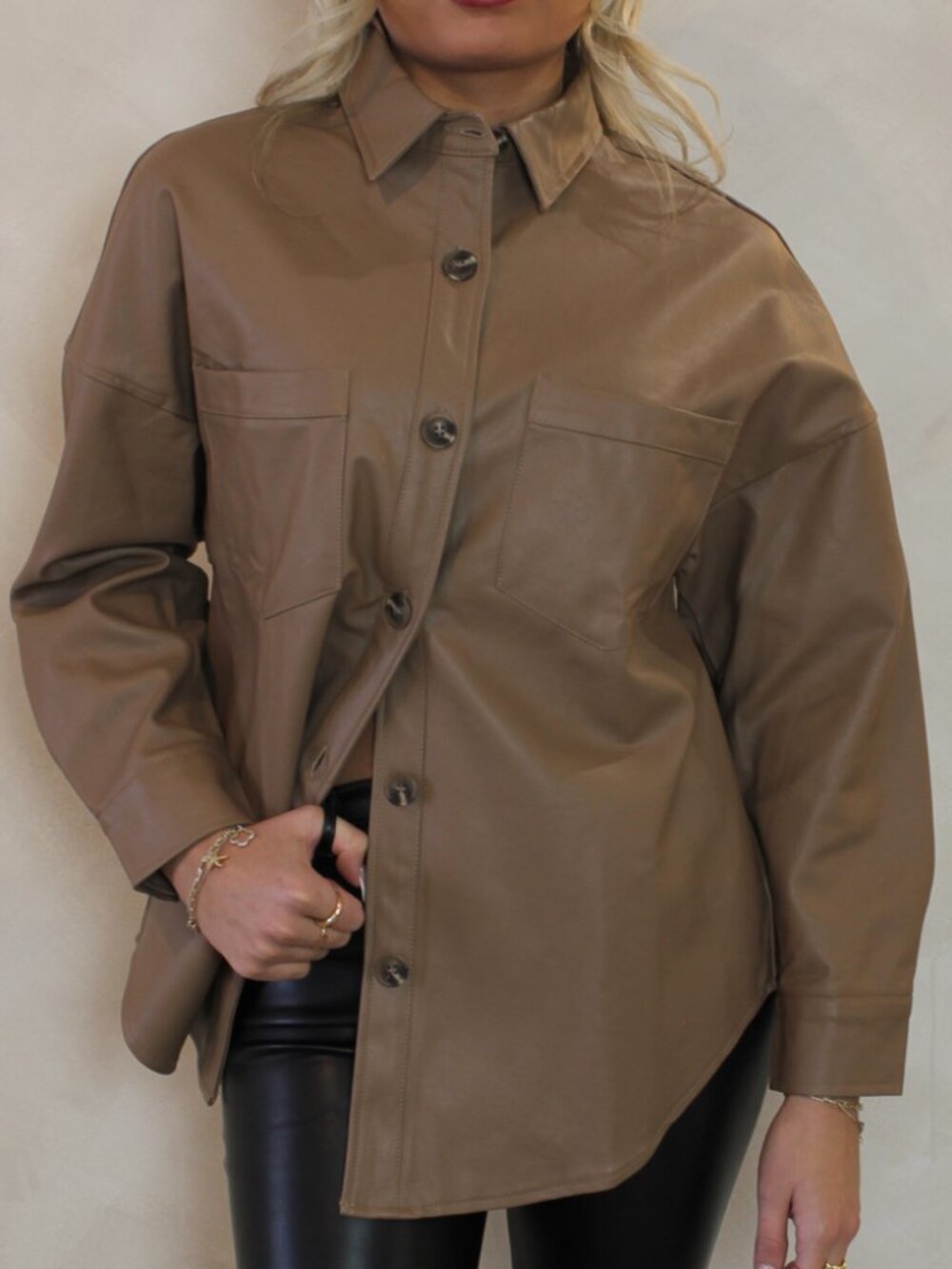 Brown Faux Leather Shacket